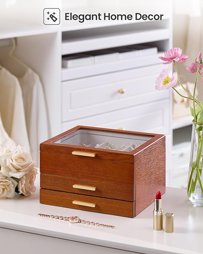 Lolalet Jewelry Box, Clear Window Wood Grain Jewelry Storage for Earrings Bracelets Necklaces Rings, High Capacity Organizer for Women -Cherrywood, 3 Layers