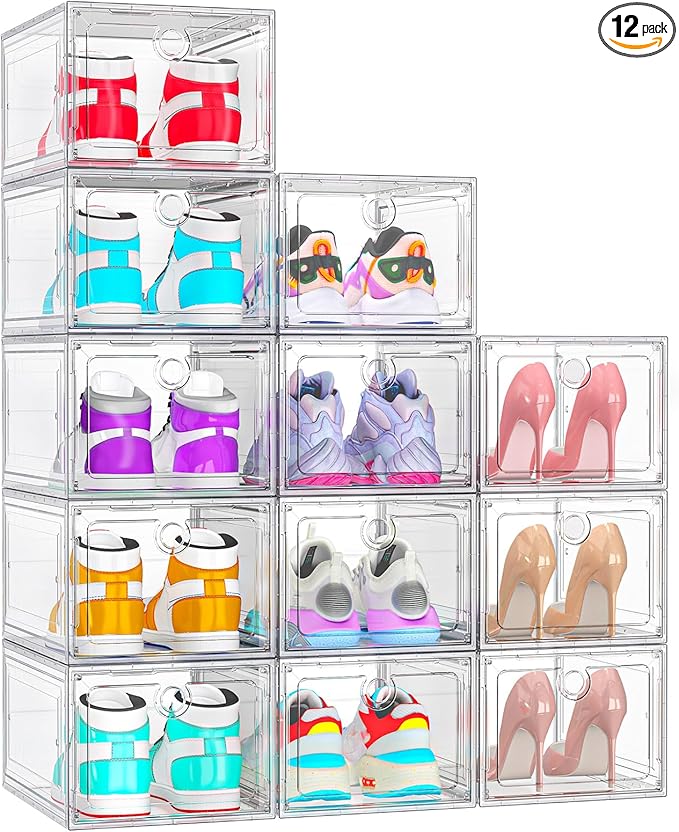 12 Pack Upgrade Harder Shoe Organizer, Shoe Storage with Magnetic Front Door, Clear Shoe Boxes Foldable Space-Saving Shoe Rack for Sneaker Boot Container, White