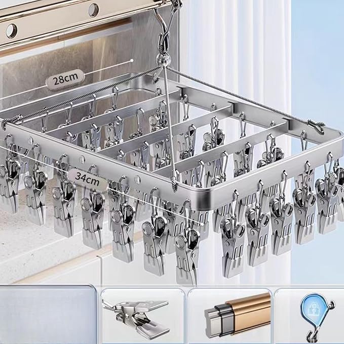 Clothes Drying Racks Clip Hangers Metal with 36 Clips Windproof Hook Underwear Hanger Foldable Laundry Clip for Socks Bras (Silver)