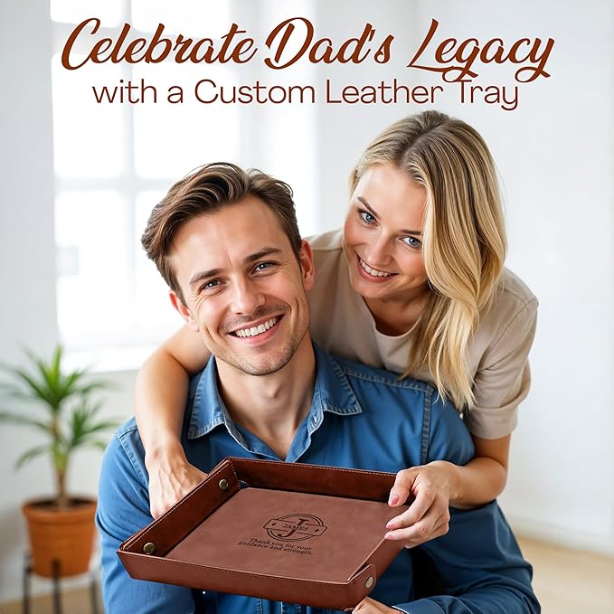 Engraved Father’s Day Leather Valet Tray – Personalized Light Coffee Catchall with Custom Name – Men’s Desk Organizer for Keys, Wallet, Watches, and Jewelry – Unique Gift from Daughter or Son