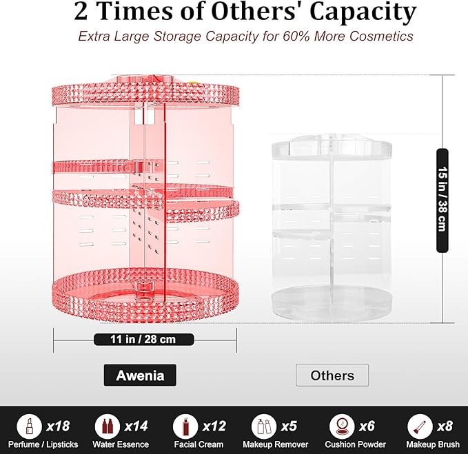 Awenia Makeup Organizer 360-Degree Rotating, Adjustable Makeup Storage, 7 Layers Large Capacity Cosmetic Storage Unit, Fits Different Types of Cosmetics and Accessories, Plus Size with Makeup Bag