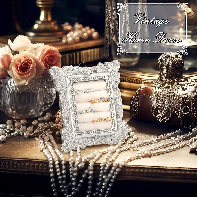 Vintage Ring Holder Rectangle Sliver Ring Display Stand Frame Earring Display Tray Anniversary Engagement Baroque Wedding Jewelry Organizer Photograph Prop for Women Christmas Gift