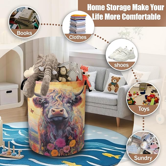 Highland Cow Laundry Basket,oil Painting Laundry Hamper Waterproof Oxford Cloth Tote Collapsible,Clothes Storage Bucket Decorative Toy Organizer For Bathroom Bedroom 16" x 20.8"