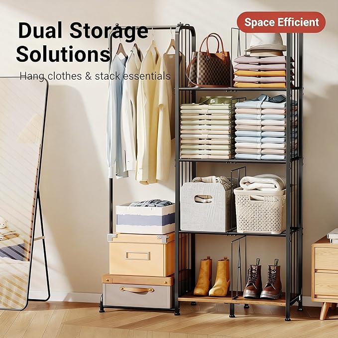 4 Tier Hanging Closet Organizer Separable Hanging Closet Shelves with 4 Adjustable Dividers Freestanding Wardrobe Closet Organizer for Clothing Sweaters Shoes Handbags Clutches Accessories