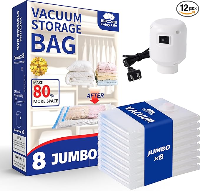 Vacuum Storage Bags with Electric Pump,8 Pack Extra Large Space Saving Vacuum Seal Bags for Bedding,Blankets,Comforters,Duvets,Pillows(8 Jumbo)