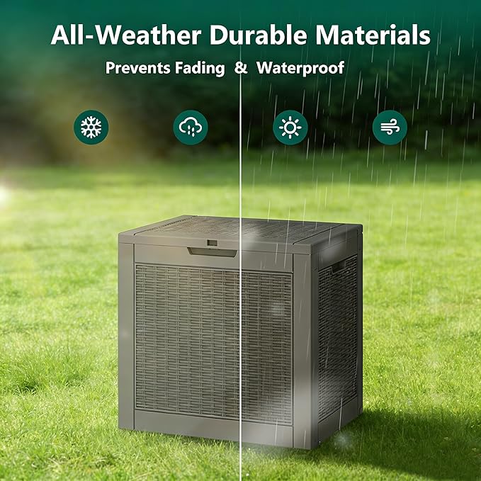 35 Gallon Outdoor Storage Box, Resin Deck Boxes Outdoor Waterproof For Patio Furniture, Garden Tools, Pool Supplies, Lockable And UV Resistant (Rattan Gray)