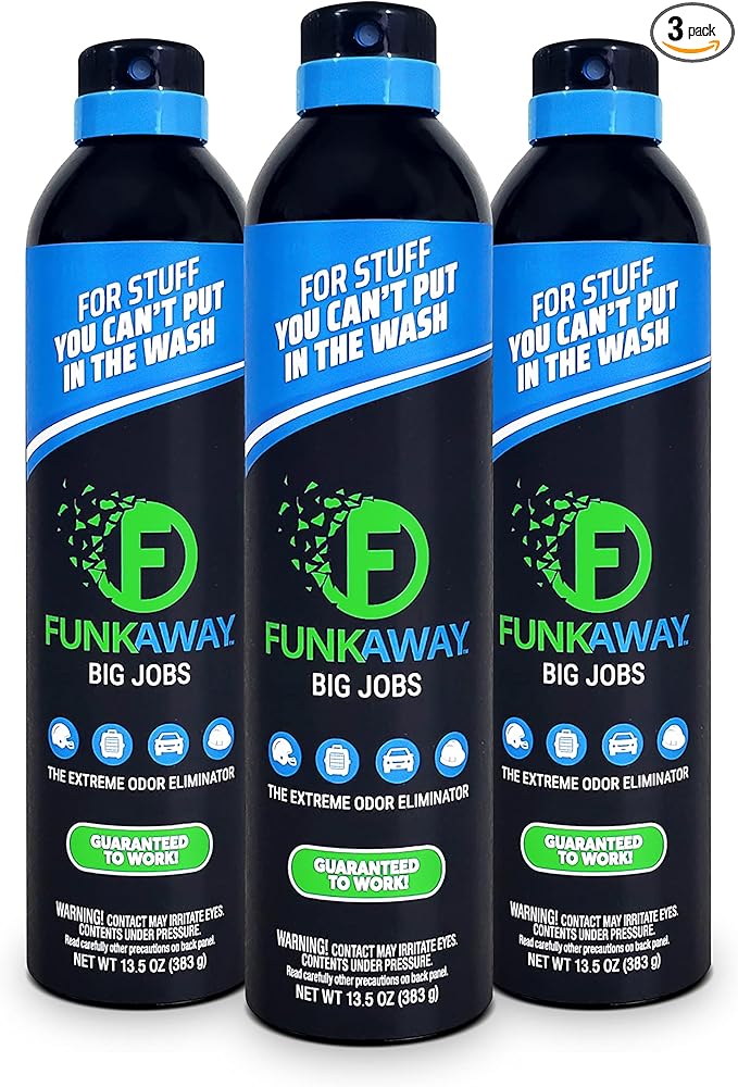 FunkAway Big Jobs Aerosol Spray, 13.5 oz., 3 Pack, Extreme Odor Eliminator Spray, Ideal for Shoe Smells, Pet Odors and Large Stuff that Won't Fit in the Wash; Attacks Musty Odors at the Source