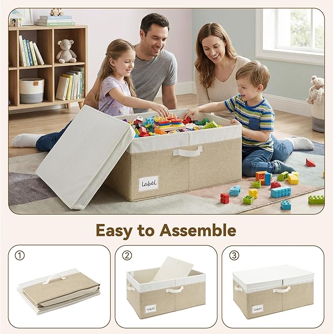 GRANNY SAYS Decorative Storage Boxes with Lid, Large Storage Bins with Double-Open Lid, Fabric Storage Bin for Clothes, 63L Closet Linen Storage Bin, White/Khaki