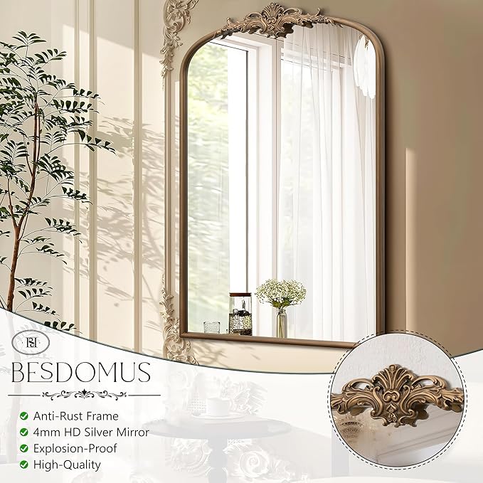 Besdomus Antique Gold Arched Mirror: 24"x36" Large Arch Gold Vintage Wall Mounted Mirror - Traditional Ornate Home Decor for Entryway/Fireplace/Bathroom/Bedroom - Idea for Fashion-Conscious