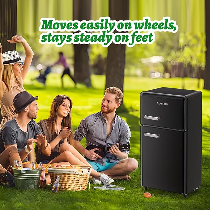 Small Refrigerator with Top Freezer 100Liter Retro Mini Fridge with Adjustable Glass Shelving, 7 Temperature Control and LED Lighting, Retro Black