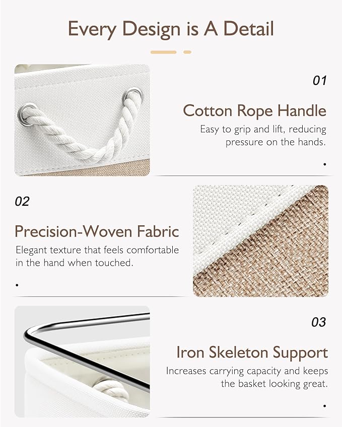 11 Inch Storage Cubes 6-Pack, Foldable Fabric Organizer Bins with Rope Handles, Cube Storage Baskets for Closet Shelves and Home Organization(White/Khaki)