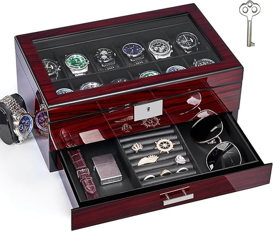 ANWBROAD 12 Slot Watch Cases for Men, Watch Box with Large Lid Jewelry Box with Watch Storage 2-Tier Paint Surface, Watch Holder Organizer for Men Lockable Watch Display Case UJWB001Y