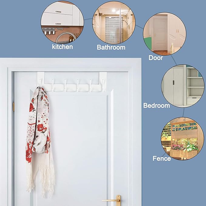 SKOLOO Over The Door Hook - 6 Hooks, No Assembly Required, Stainless Steel Door Hooks, Over Door Coat Rack for Hanging Coats Clothes Hats Robes, White