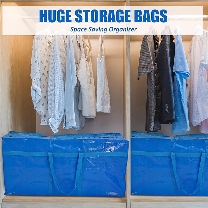 Windyun 6 Pack 69 Gallon Extra Large Moving Bags XXL Heavy Duty Storage Bag with Strong Zipper Handle Jumbo Big Tote Box Foldable for College Dorm Travel Clothes Duffle Blanket Pillow(Blue)