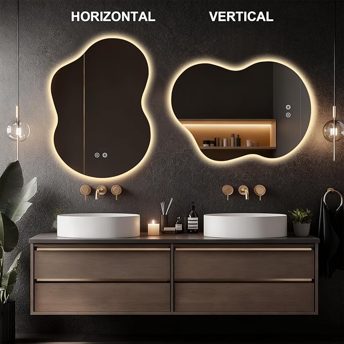 Asymmetrical Lighted Mirror for Bathroom,Modern LED Vanity Mirror with Backlit,Fog-Free,Tri-Color Dimmable Lighting with Memory Function,Hardwire Ready [Horizontal/Vertical] 35" H x 25" W
