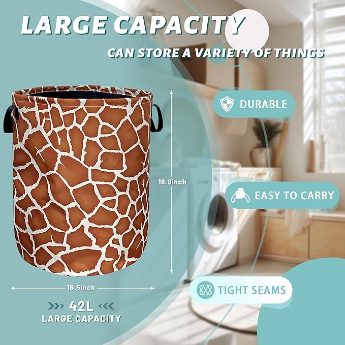 Giraffe Texture Laundry Basket With Handles Oxford Cloth Tote Bag Animals Laundry Hamper 18.9"x16.5" Foldable Clothes Storage Bucket Toy Organizer For Bathroom/Laundry/Bedroom