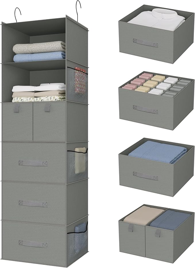 6-Shelves Hanging Closet Organizer with 5 Different Drawers, Foldable Closet Organizers and Storage for Wardrobe, Closet& RV, Clothes and Accessories Storage, Non-Woven Fabric, Gray
