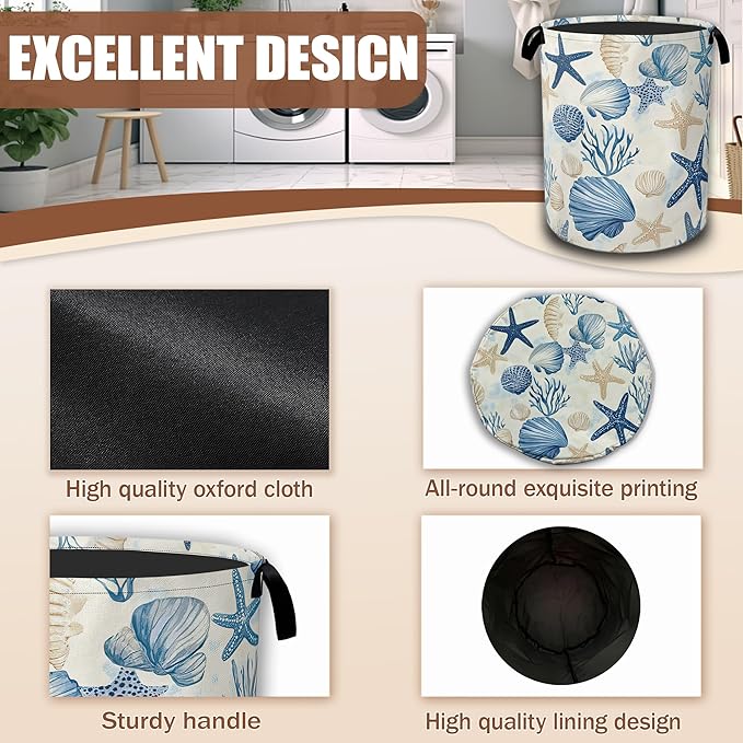 Coastal Beach Laundry Basket,Shell Starfish Coral Laundry Hamper Waterproof Oxford Cloth Tote Collapsible,Clothes Storage Bucket Decorative Toy Organizer For Bathroom Bedroom 16" x 20.8"