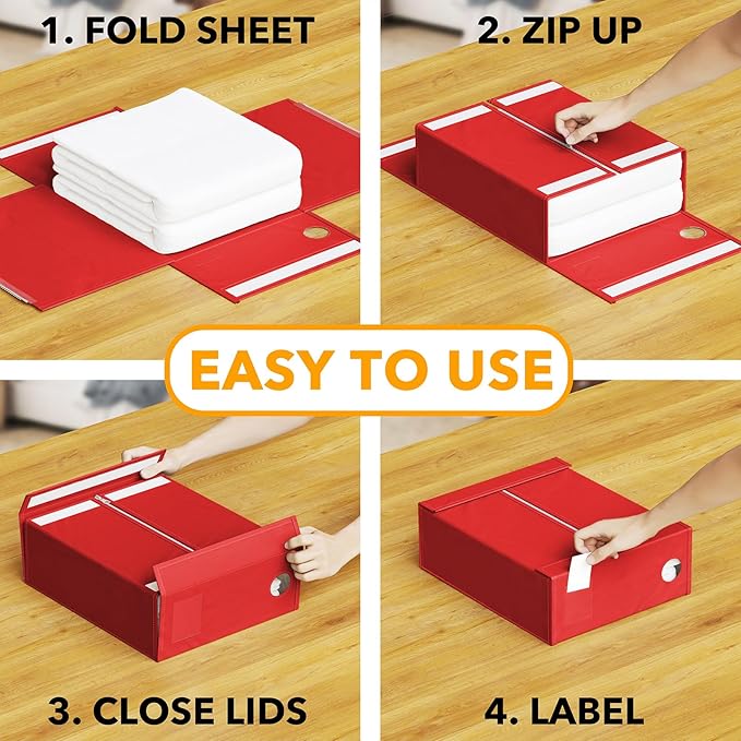 SpaceAid 4 Pack Bed Sheet Organizers and Storage, Foldable Sheet Organizer for Linen Closet, Sheets Set Folder Keeper with Window XL (Queen & King Size) Bedding Container (Red, 4 Pack)