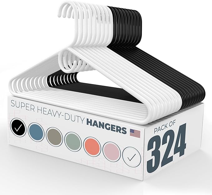 Neaties Super Heavy Duty Clothes Hangers 100+ Pack (324 Count) – Made in The USA - 10lb Capacity, Thick Plastic Hangers for Pants, Coats, Jackets, Jeans and Adult Clothing – White & Black
