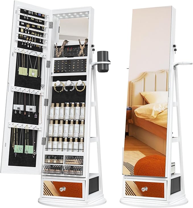 Mirror Jewelry Cabinet Standing, 6 LED Lights, 360° Swivel Full Length Mirror with Storage, Jewelry Armoire Organizer with Drawer, Foldable Makeup Shelf