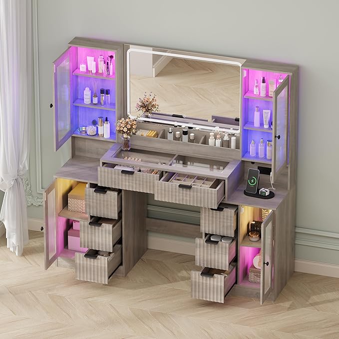 Fluted Makeup Vanity Desk with Mirror and Lights, 55" Glass Top Vanity with 8 Drawers & 4 RGB Glass Cabinets, Adjustable Shelves & Power Outlet, Modern Dressing Table Set for Women Girls Bedroom