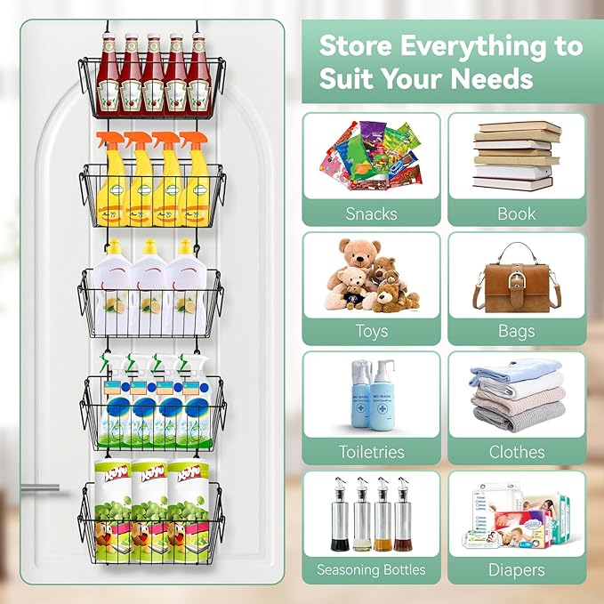 Over The Door Organizer – 5 Removable Hanging Baskets, Back of Door Storage for Bathroom, Kitchen, Pantry & Garage, No Tools Needed, 3 Installation Methods (Wall/Door Mount) Black