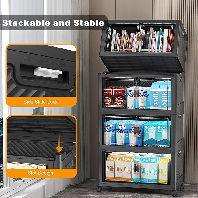 Extra Large Stackable Storage Bins with Lids & Wheels & Door, 416QT-52QT/13GAL*8Pack Foldable Collapsible Closet Organizers, Plastic containers drawers for bedroom Dorm