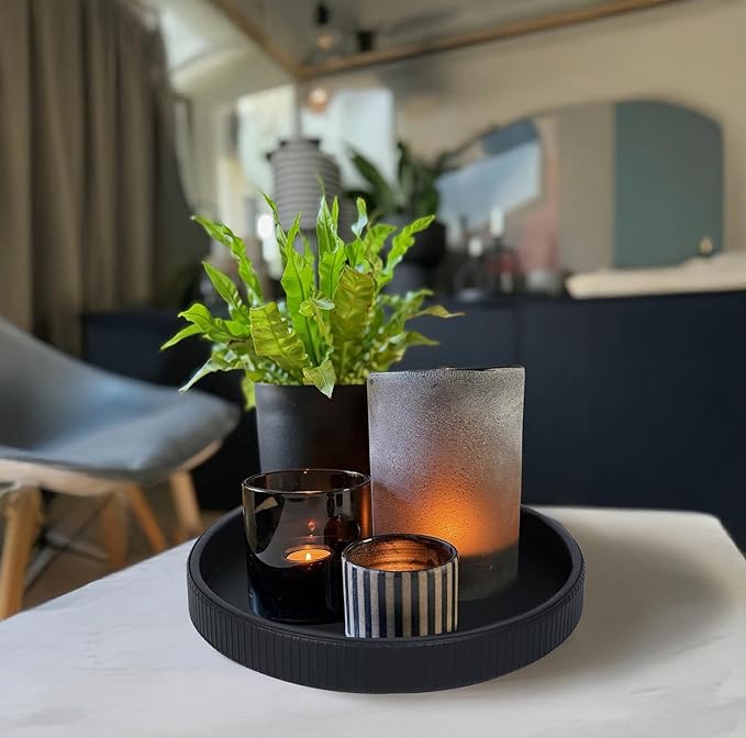 HofferRuffer Round Decorative Tray, Faux Leather Vanity Tray Decor, Decorative Catchall for Perfume, Bathroom Valet, Nightstand or Dresser (Black Stripe, Round-12" x 12" x 1.6")
