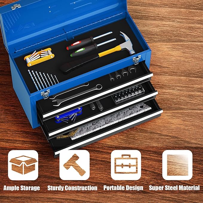 IRONMAX Portable Tool Box, 20.5’’ Lockable Steel Tool Chest Cabinet w/Comfortable Handle & 3 Drawers, Heavy Duty Storage Toolbox Tool Organizer for Garage, Warehouse, Home (Blue)