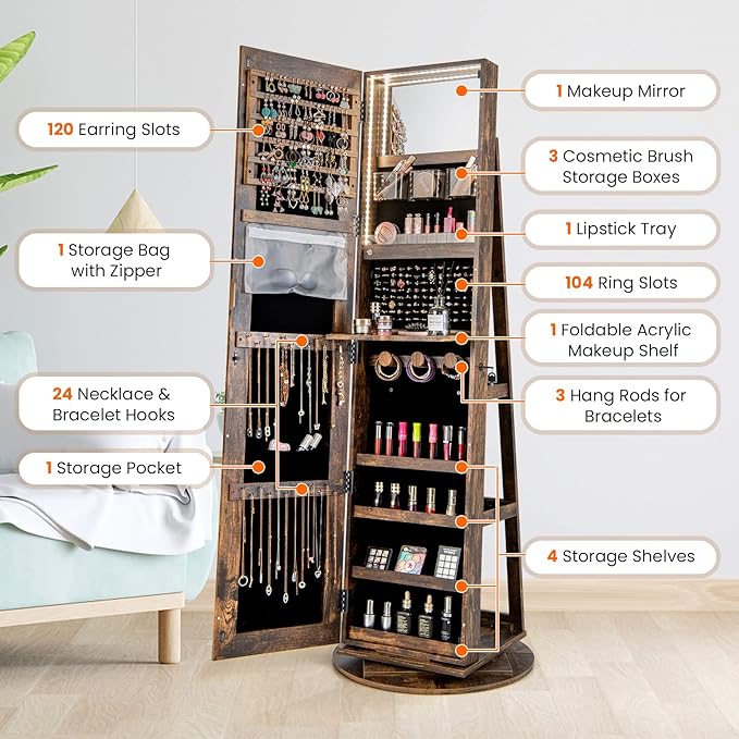 Mirror Jewelry Cabinet Standing with Full Length Mirror, 360° Swivel Jewelry Armoire with 3-Color LED Lights & Foldable Makeup Shelf, Lockable Organizer for Women, Space-Saving (Rustic Brown)