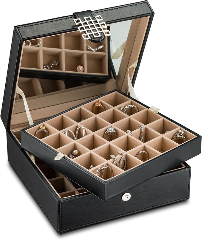 Glenor Co Earring Organizer - Classic 50 Section Jewelry Box/Case/Holder for Earrings, Rings, Necklaces, Jewelry, Cufflinks or Collections -2 Layer Small Compartments with Large Mirror - Black