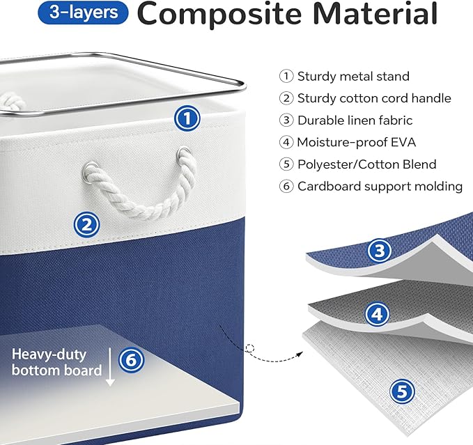 12 x 12 Inch Cube Storage Bins, 4 Pack Fabric Storage Basket with Handles, Foldable Boxes Organizer for Shelf Baskets for Home, Clothes (White/Blue)