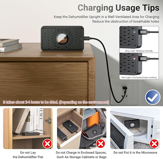 Rechargeable Desiccant Dehumidifier for Storage with USB-C Cable,Reusable Portable Moisture Absorber Dryer Silica Gel Beads for Gun Safe Camera Lens Filter Electronics 3d Printer Filaments Instrument