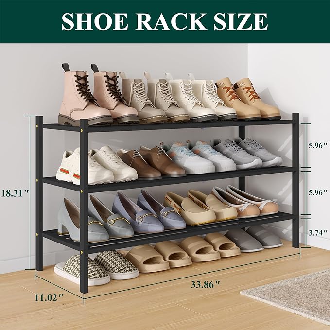 Smiry Long Bamboo Shoe Rack 3-Tier, Stackable Wooden Shoe Organizer for Entryway & Closet, Free Standing Wood Shoe Storage Shelf for Front Door & Small Spaces, Black