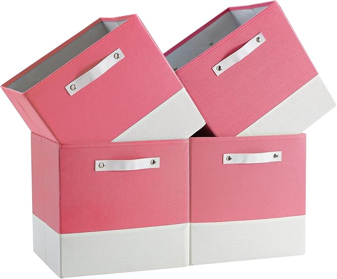 Storage Cube Bins | 7.7 oz/yd² Fabric Cubby Organizer Baskets for Shelf, Closet, Cabinet, Wardrobe | KALLAX Shelving Unit Insert Drawer | 4 Pack, Pink & White, 13x15x13 Inch