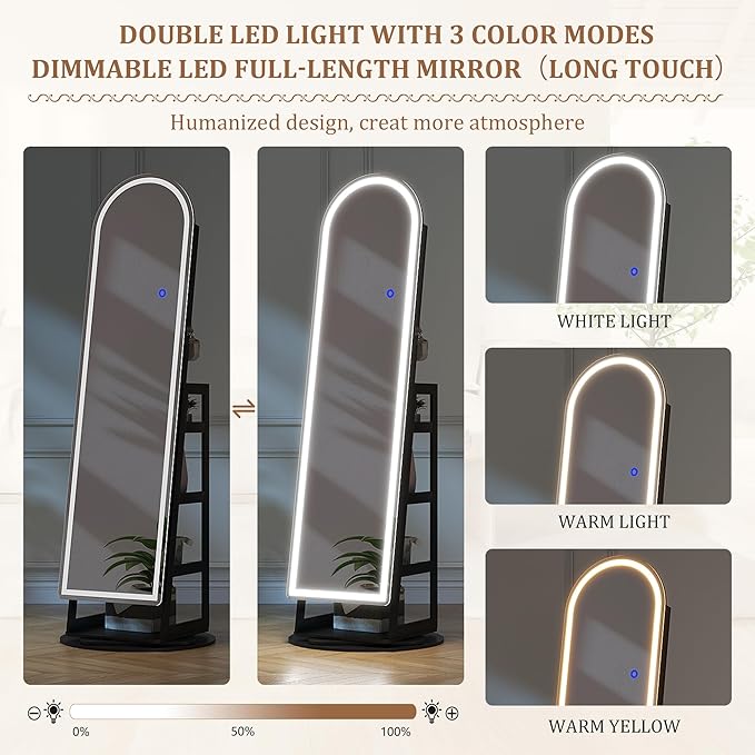 LVSOMT LED Mirror Jewelry Cabinet Standing, Lockable Jewelry Armoire with Arched Full-Length Mirror and Adjustable LED Lights, Space-Saving Jewelry Organizer with Mirror(Black)