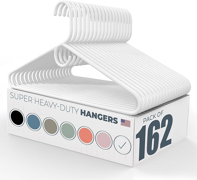 Neaties Super Heavy Duty Clothes Hangers 100+ Pack (162 Count) – Made in The USA - 10lb Capacity, Thick Plastic Hangers for Pants, Coats, Jackets, Jeans and Adult Clothing – White