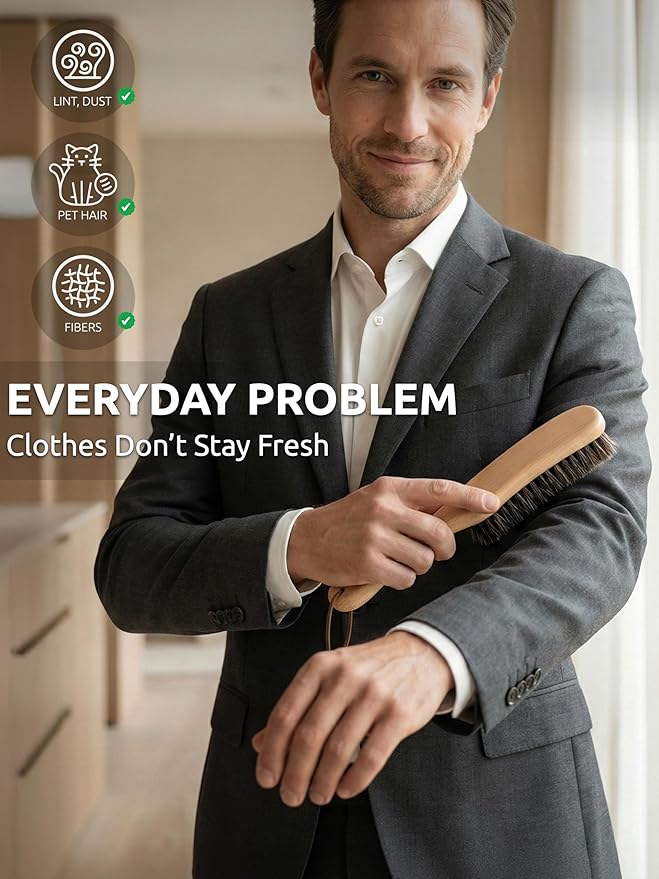 Lint Brush for Clothes with 100% Soft Horse Hair Bristle, Large Beech Wood Handle, Lint Remover for Hat, Pet Hair, Suits, Cashmere, Wool, Velvet, Suede, Shoe