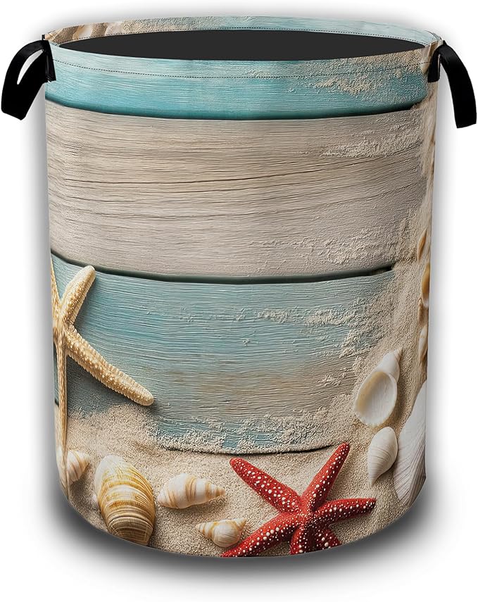 Beach Seashell Starfish Laundry Baskets,Blue White Wooden Laundry Hamper,Storage Basket with Handles for Bathroom Bedroom College Dormitory Living Room Nursery Organizer 16"x20.8"