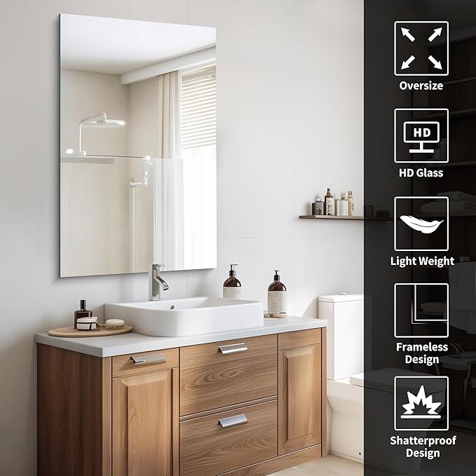 CILIBER Frameless Mirror, 24x40 Inch Rectangle Bathroom Mirrors for Wall, Upgraded Shatterproof Large Vanity Mirror Over Sink with Polished Edge for Bathroom, Bedroom, Living Room and Entryway
