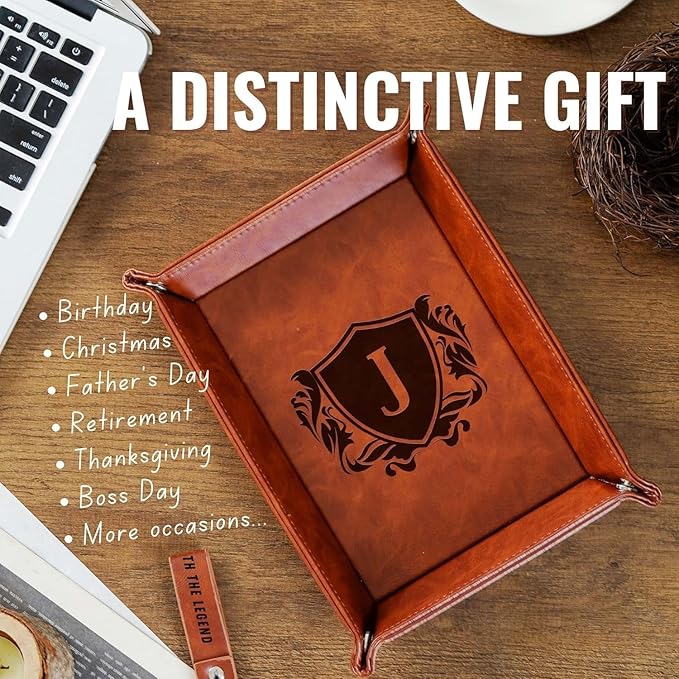 INNObeta Initial Valet Tray, Desktop Storage Organizer, PU Leather Bedside Tray Key Coin Holder, Personalised Gifts for Men, Birthday, Christmas, Letter N