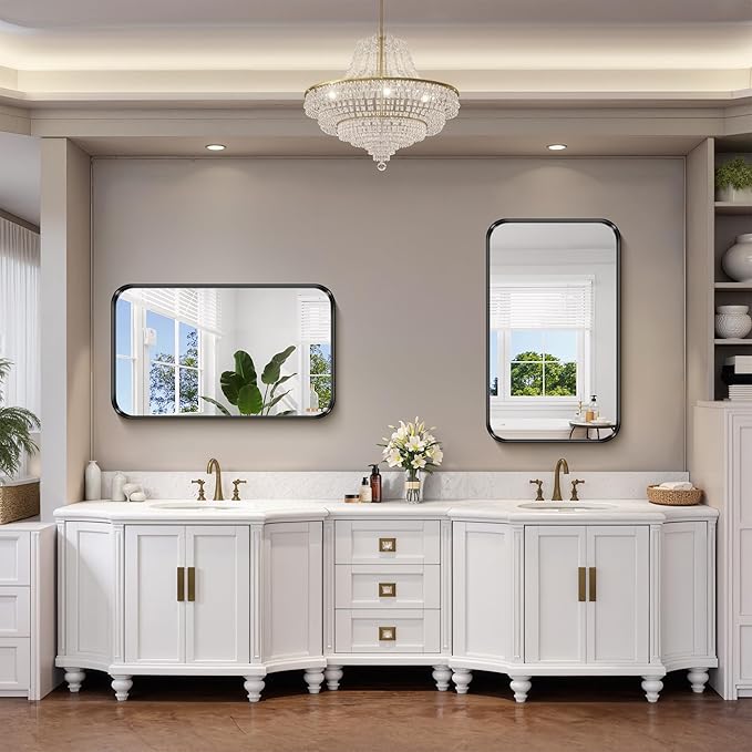 FORBATH 40x24 Inch Bathroom Mirror for Wall, Black Metal Framed Vanity Mirrors for Over Sink, Rounded-Corner Rectangle Mirror for Bedroom Living Room Entryway Hallway, Hangs Horizontal or Vertical