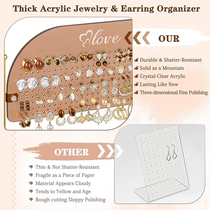Keebofly Acrylic Earring Organizer Stand with 14 Hooks, Cute Girly Earring Holder for Girls/Teens/Kids – Jewelry Display for Vendors, Vanity Desk Stores Studs/Hoops/Dangles/Necklaces/Bracelets Glod
