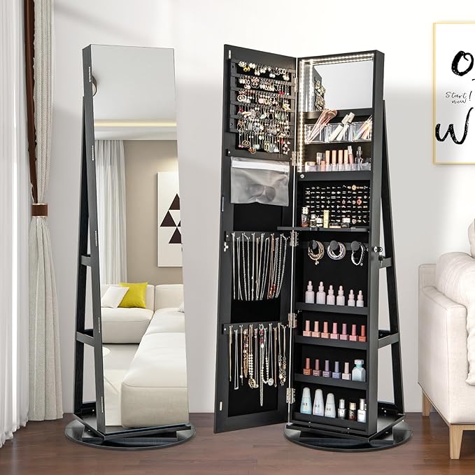 CHARMAID 360° Swivel Jewelry Armoire with Full Length Mirror, Rear Storage Shelves, Lockable Standing Jewelry Cabinet Organizer with Interior Vanity Mirror and 3-Color Lights (Black)