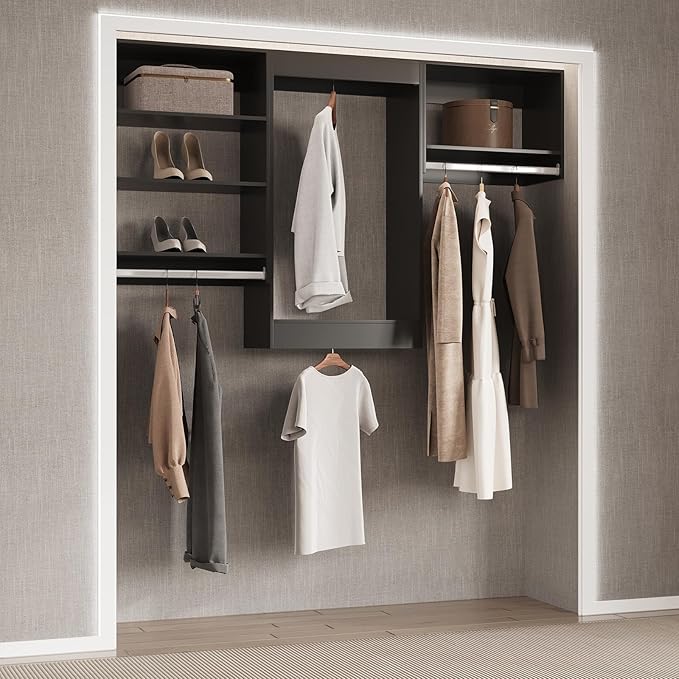 Tall Hanging Closet Unit, Modular Closet System, Wood Closet System Organizer with Storage for Walk In Closets, Clothing Rack Wardrobe Closet for Hanging Clothes, Bedroom, Black, 34.5"W