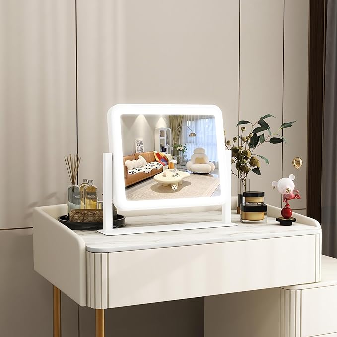ROLOVE Vanity Mirror with Lights, 14"×12" LED Makeup Mirror, Lighted Makeup Mirror with Lights, Smart Touch Control 3 Colors Dimmable, Lighted Up Mirror for Makeup Desk, Bedroom, Women Gift