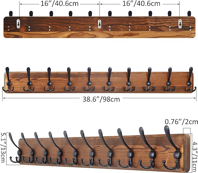 SKOLOO Rustic Large Wall Mounted Coat Rack-38.6'' Long Coat Rack for Wall, Pine Solid Wood Coat Rack Hook, Farmhouse Coat Hanger Wall Mount for Hanging Jacket Coat Hat, Pack of 2