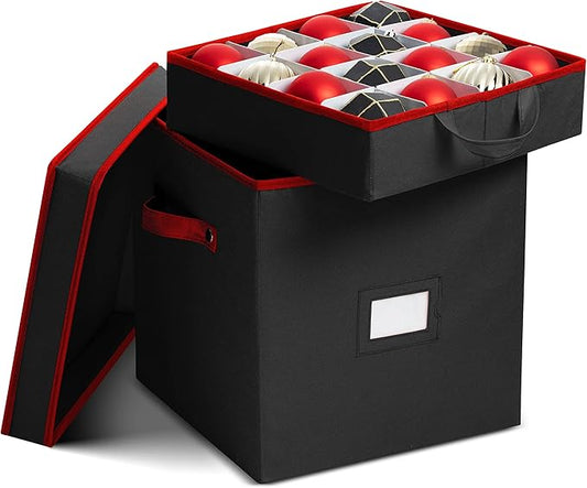 ZOBER Christmas Ornament Storage Box - Stores 64 3" Ornaments with Individual Trays - Tear Proof 600D Oxford Fabric - ornament organizer storage box, Durable Christmas Containers Holder - Black