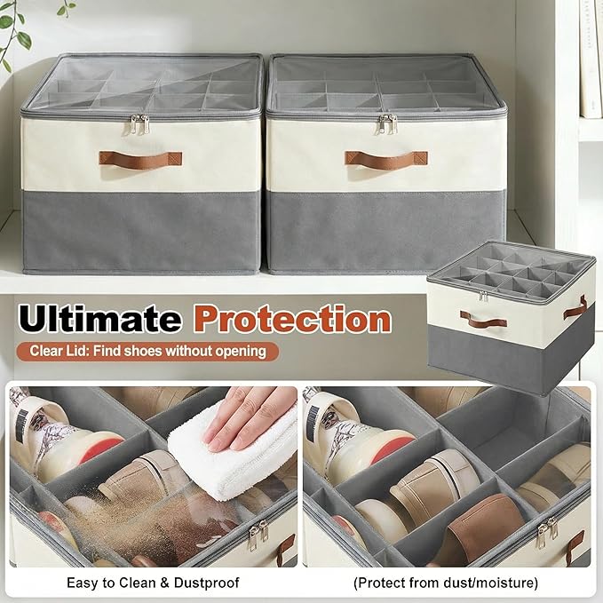 Shoe Organizer for Closet, Fabric Shoe Storage Boxes with Lids, Adjustable Dividers for 16 Pairs, Foldable Shoe Cubby with Label Window, Fits Tall Boots, Beige & Grey